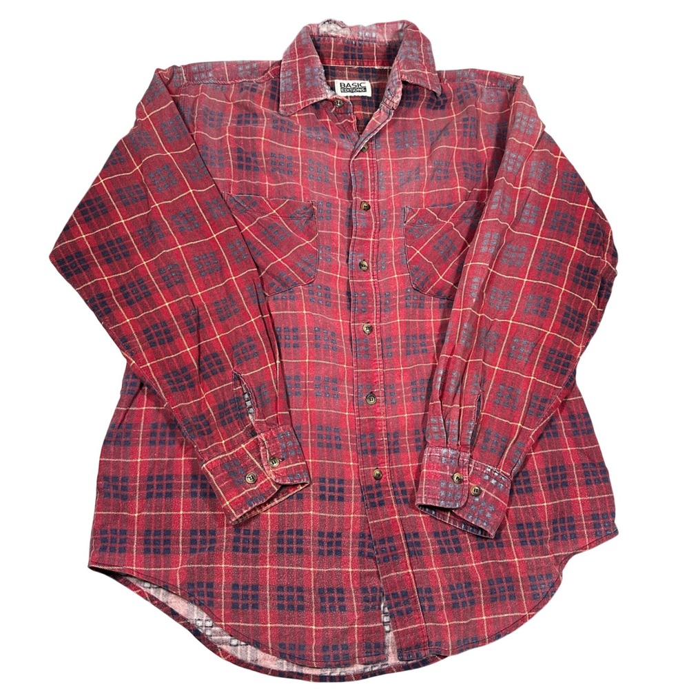 Sun Faded VTG Basic Editions Red Plaid Flannel Shirt Mens Distressed Button Down